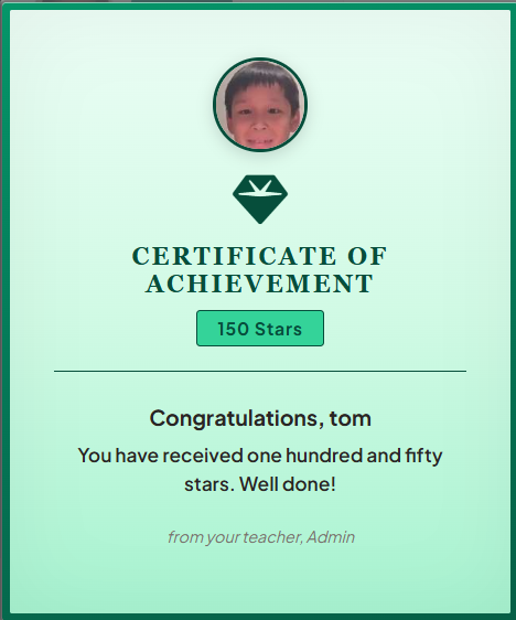 Example Certificate of Achievement for 150 stars